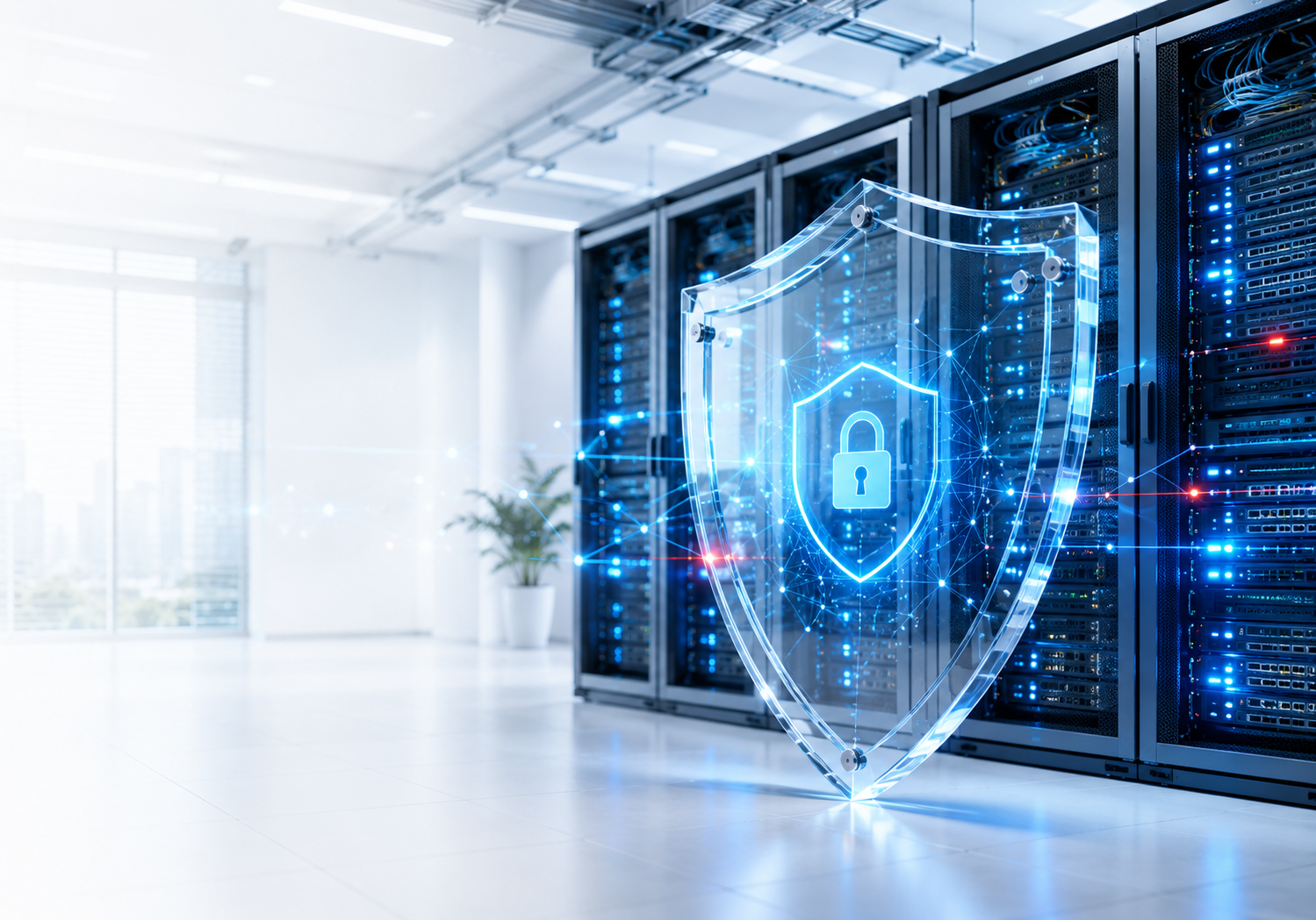 Cybersecurity shield protecting server infrastructure