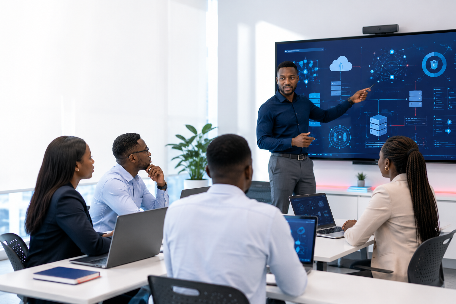 African technology instructor leading a professional training session