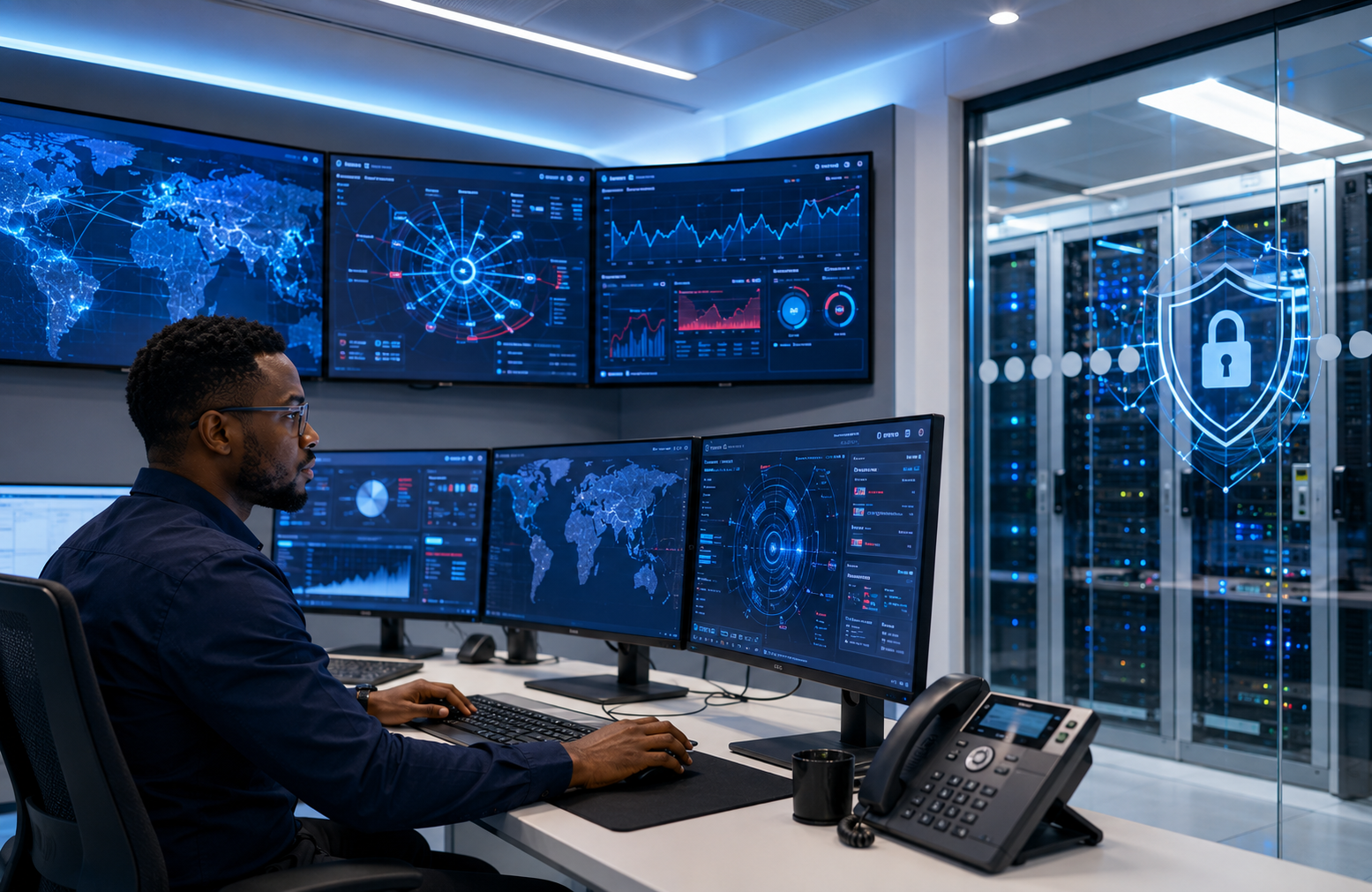 Cybersecurity engineer monitoring protected network infrastructure