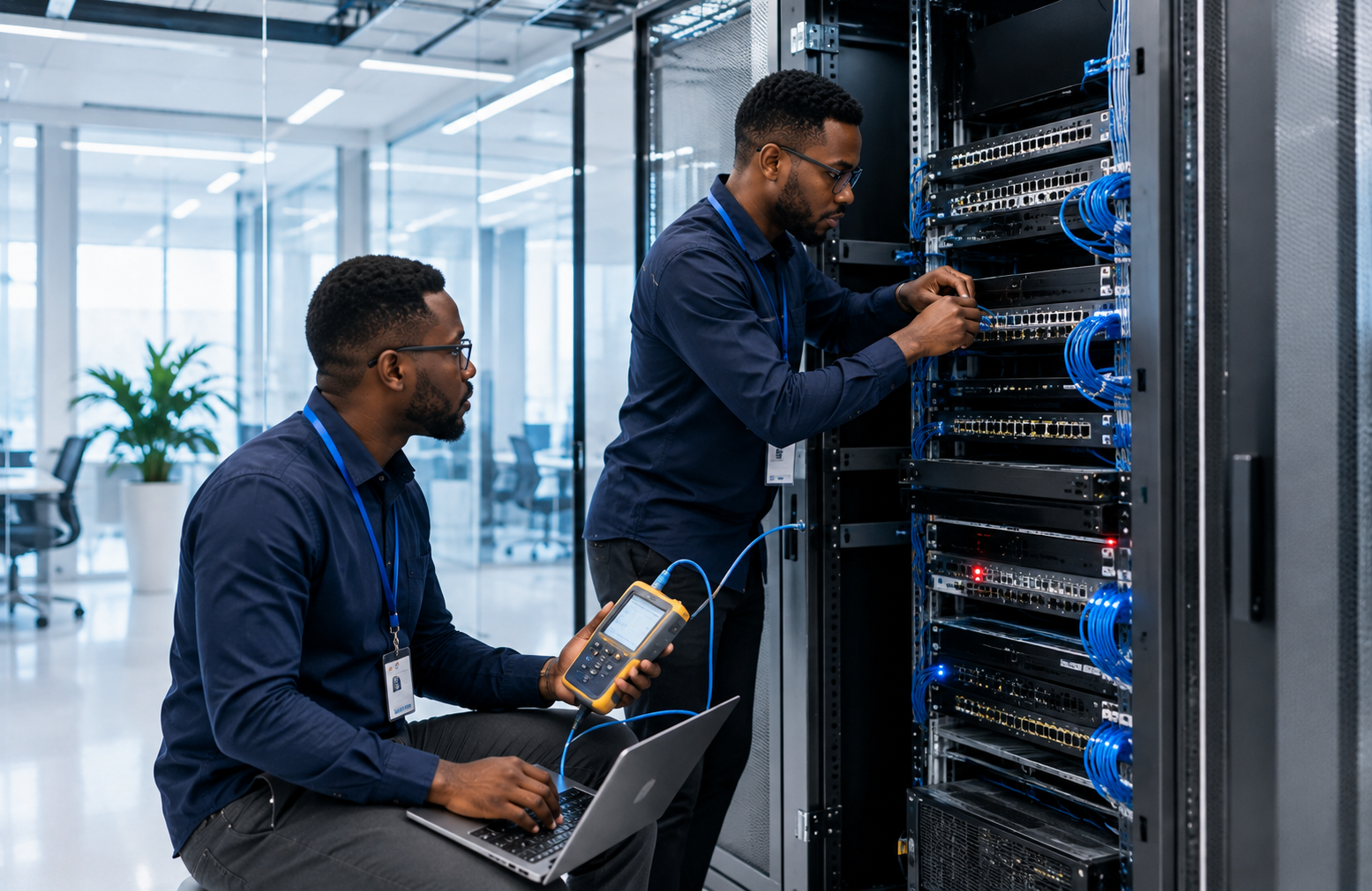 Two engineers deploying enterprise network infrastructure