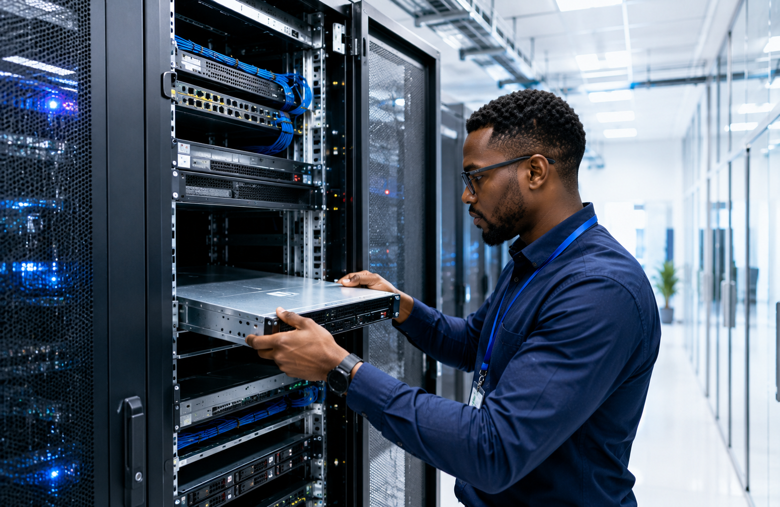 Server rack installation by an IT infrastructure engineer