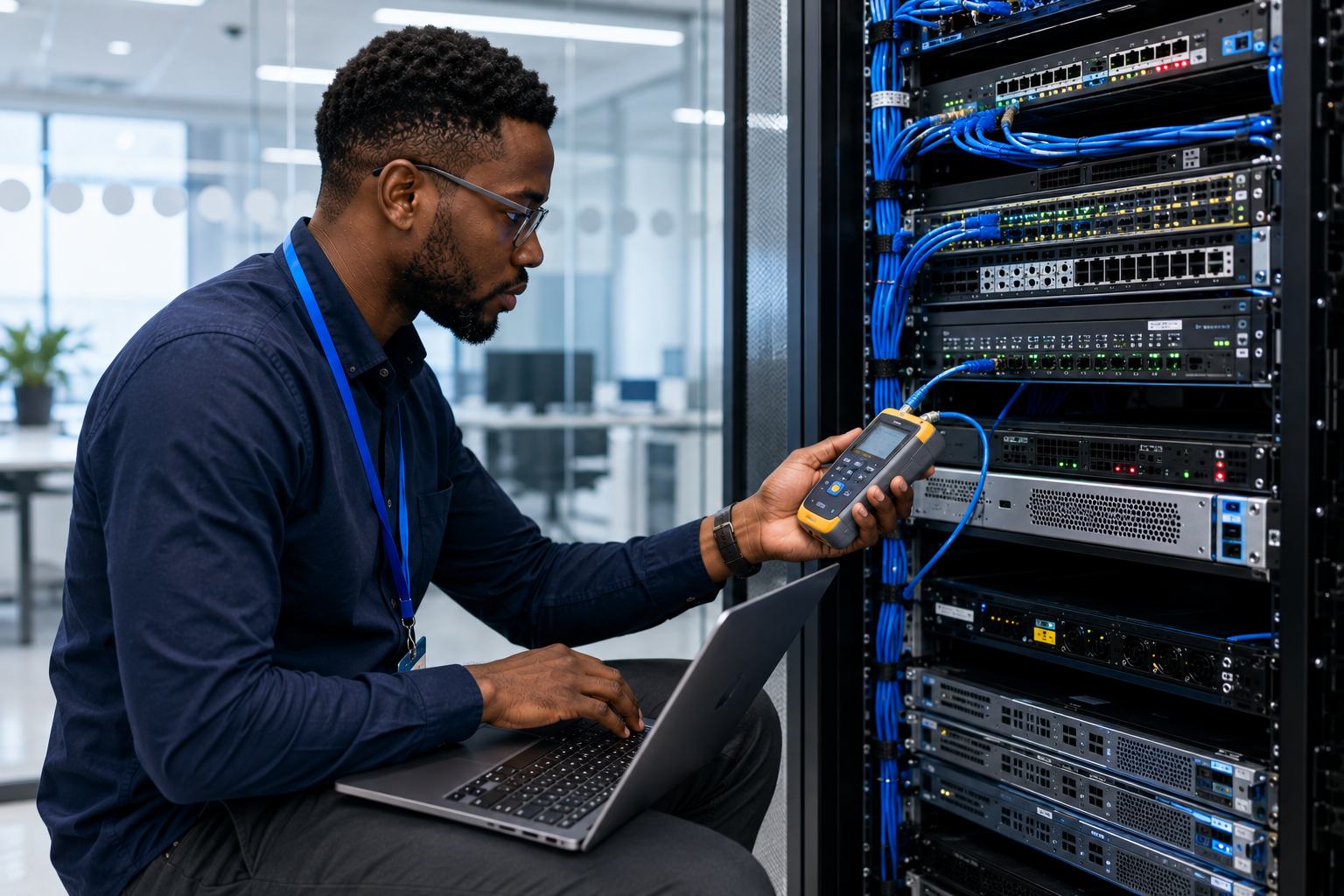 IT engineer troubleshooting enterprise network infrastructure